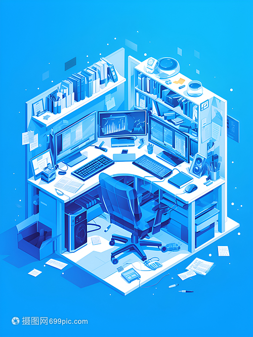 蓝色调办公室插画 当艺术气息融入现代办公设备